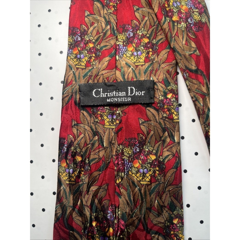 Vintage Christian Dior Monsieur Red Floral Botanical Silk Necktie USA - Picture 6 of 7